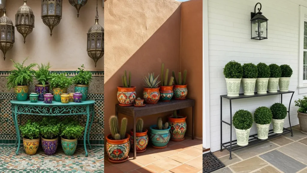 Colorful hand-painted ceramic planters with green plants on a turquoise wrought iron console table in a garden setting.