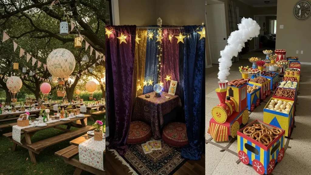 Vibrant DIY carnival party decorations including a snack train, hot air balloon lanterns, and a fortune teller booth.