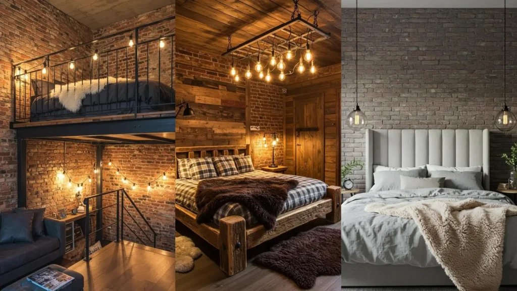 Industrial-luxe bedrooms with exposed brick walls, glowing Edison bulbs, and cozy faux fur throws.