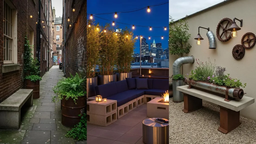 Industrial urban gardens with metal planters, concrete benches, and Edison bulb lighting in various settings.