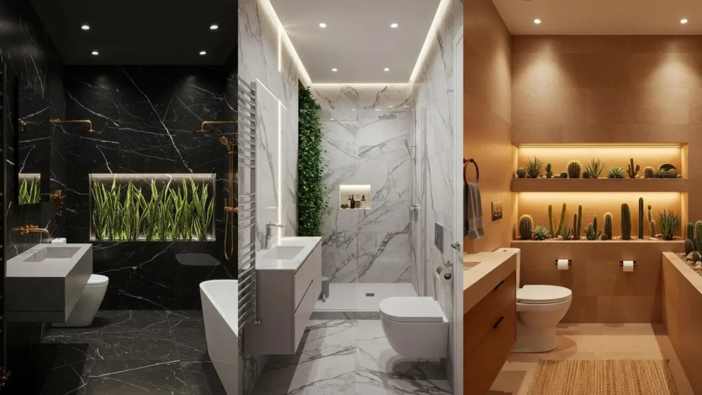 Three stylish marble bathrooms featuring integrated planter boxes with lush plants and modern recessed lighting.