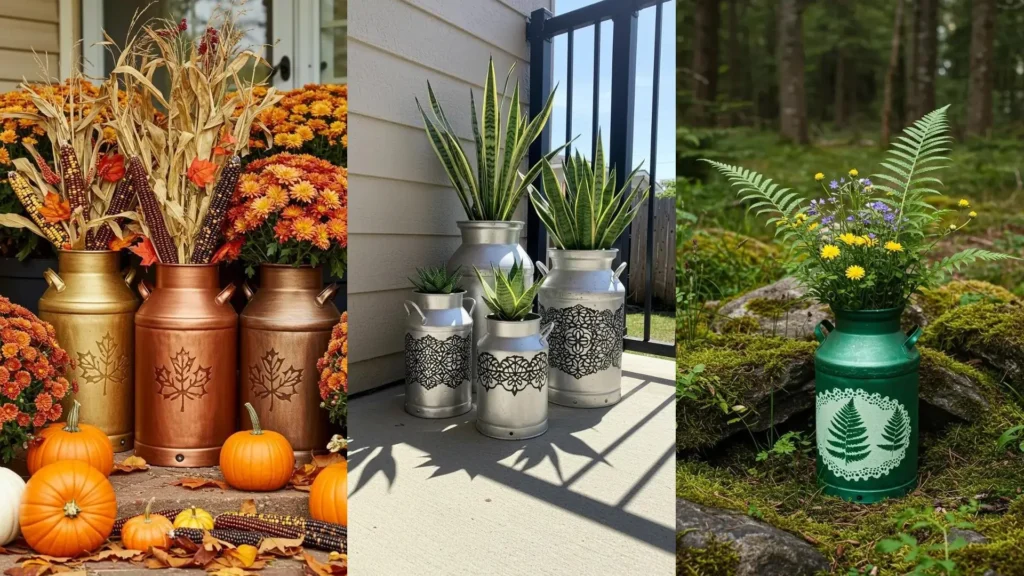 Outdoor display of metallic spray-painted milk can planters, featuring elegant lace stencils and various plants.