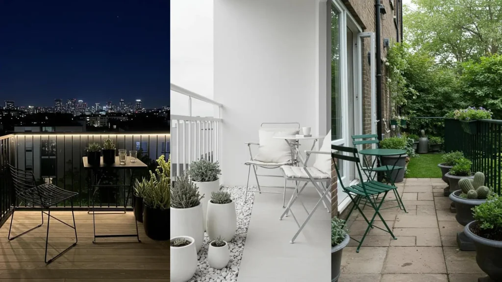 Minimalist balcony retreats featuring sleek metal bistro sets and monochrome potted succulents in diverse settings.