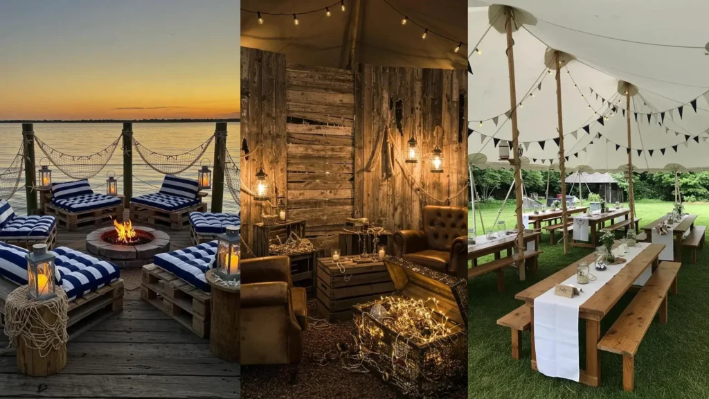 Inspiration for a nautical birthday party with rope accents, striped cushions, lanterns, and stylish outdoor tent decor.