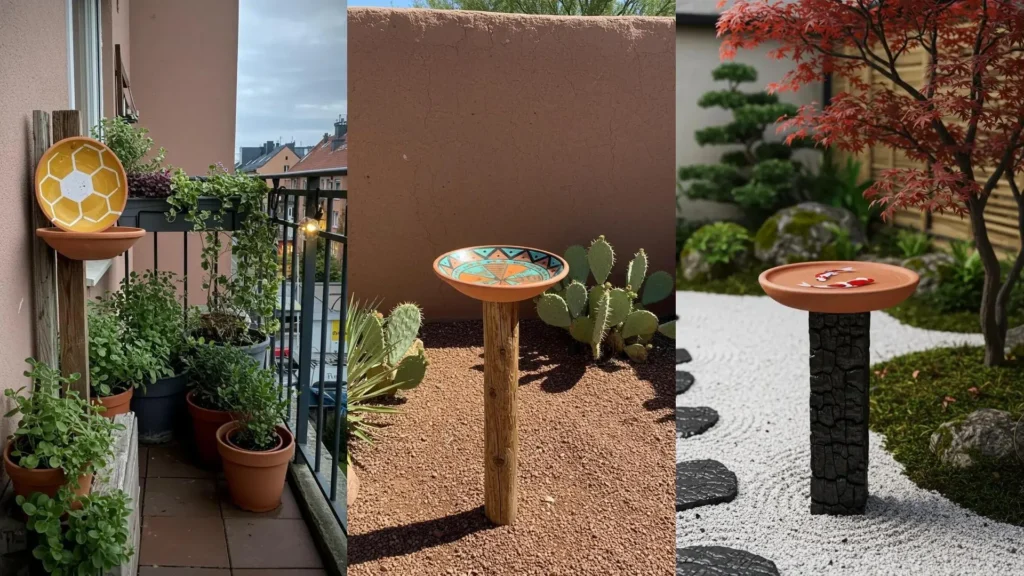 Painted terra-cotta birdbath on a distressed wood post, set in an outdoor garden.