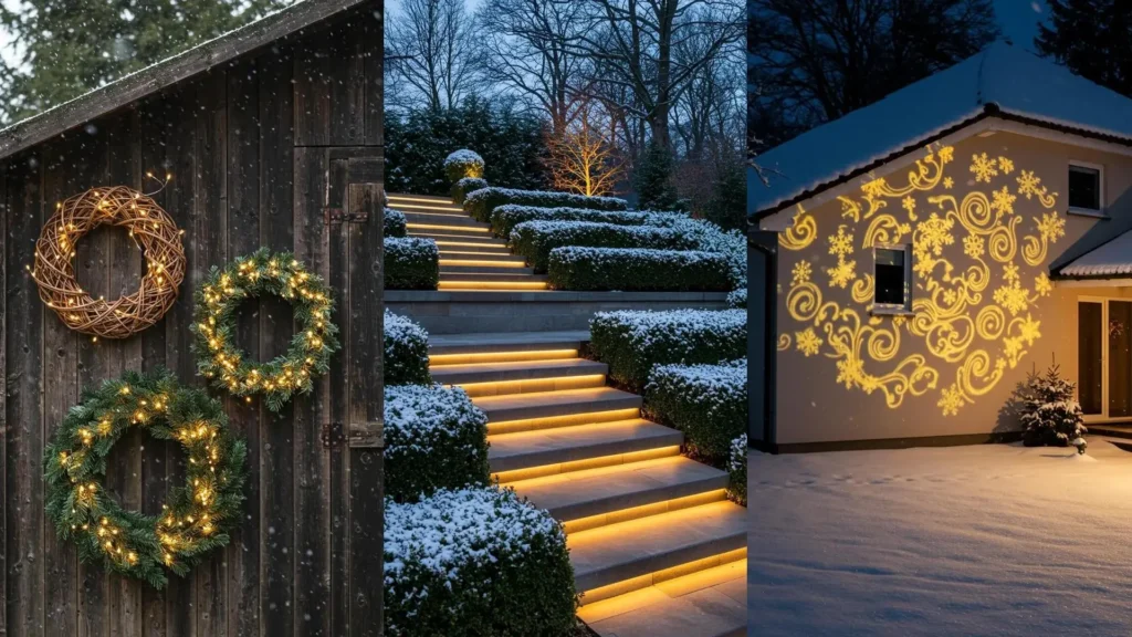 Radiant winter garden lighting ideas: golden wreaths, illuminated steps, and projected snow sparkle.