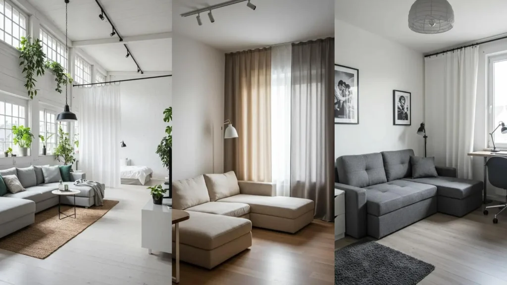 Various rentable space makeovers featuring modular sofas, curtain room dividers, and neutral decor palettes.
