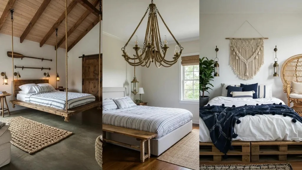 Romantic nautical bedroom decor with navy stripes, rope details, and brass lanterns.