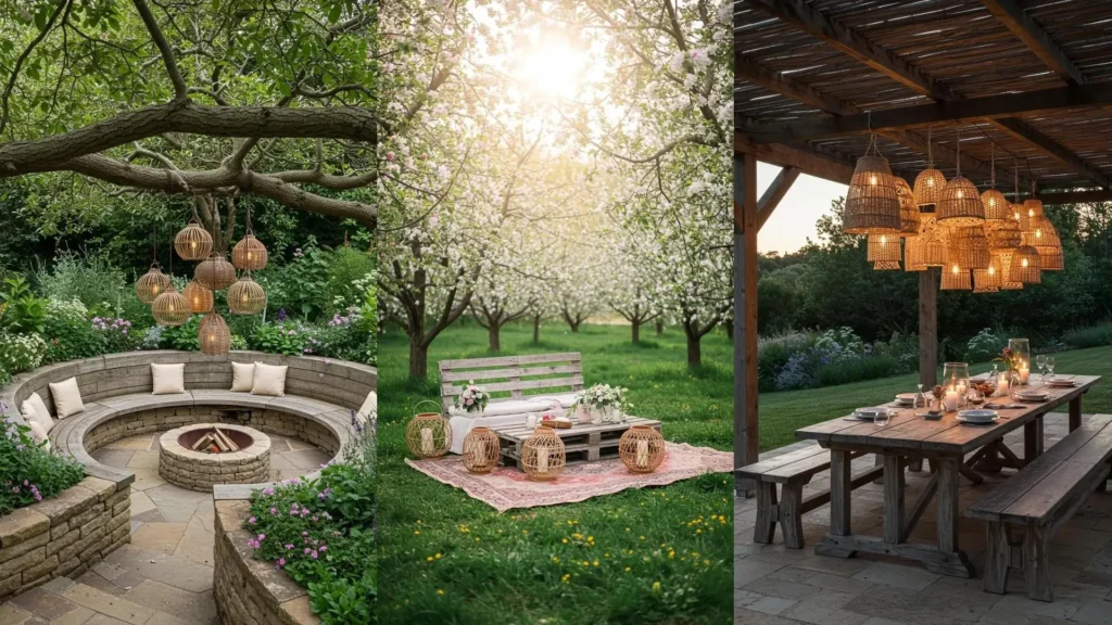Sun-drenched rustic patio sets featuring weathered benches and charming wicker lantern clusters.