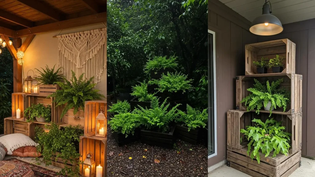 Terrarium-style wooden crate displays filled with lush, shade-loving ferns for outdoor DIY projects.