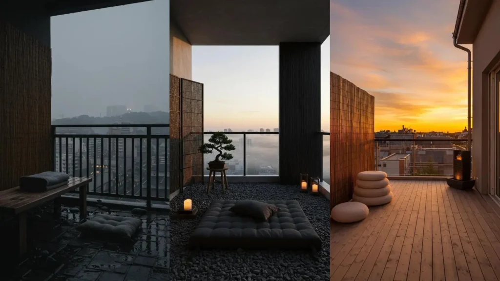 Three urban Zen balconies with bamboo screens, smooth river rocks, and minimalist floor cushions at various times of day.