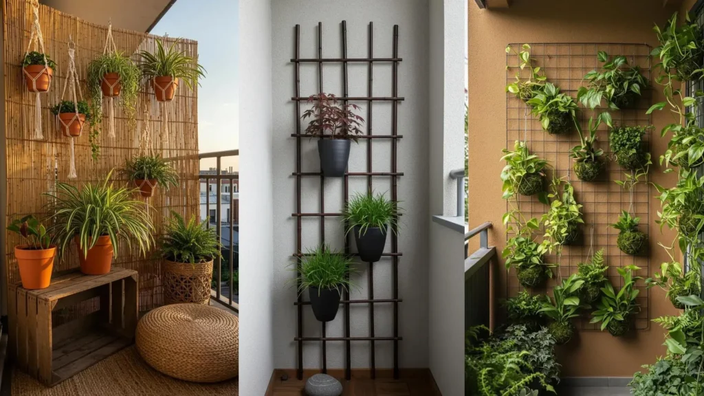 Three vertical garden wall decor ideas for small city balconies, featuring hanging pots and trellis backdrops.