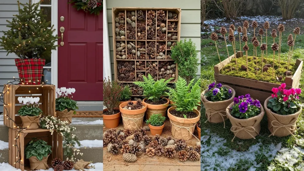 Alpine winter garden looks with wooden crates, pine cones, and plants in burlap-wrapped planters.