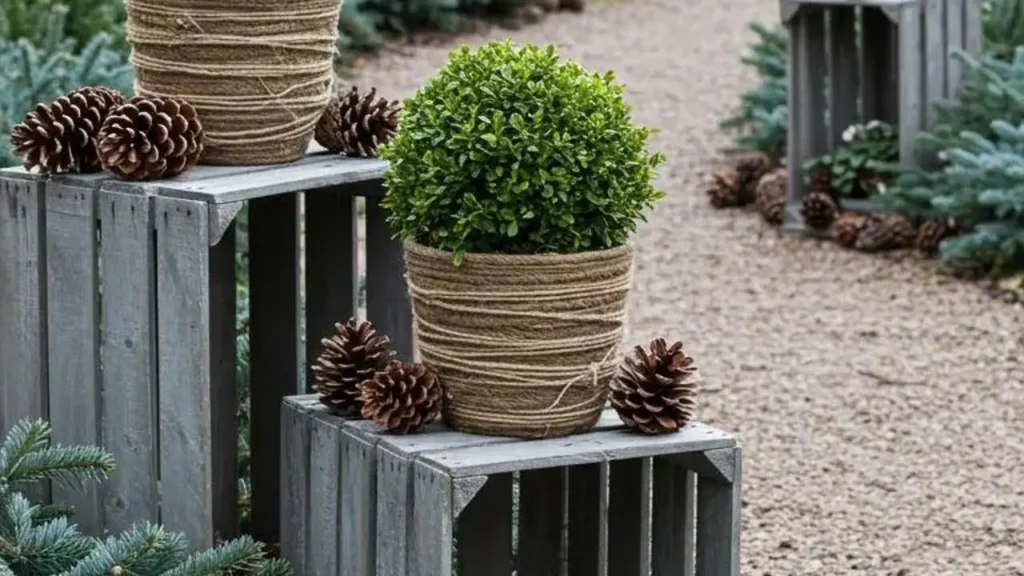 Alpine winter garden display with a green plant in a wrapped planter on wooden crates, accented by pine cones.