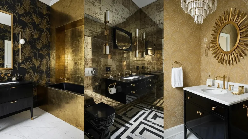 Art Deco bathroom designs with elegant black lacquer, shining brass hardware, and bold graphic patterns on walls & floors.