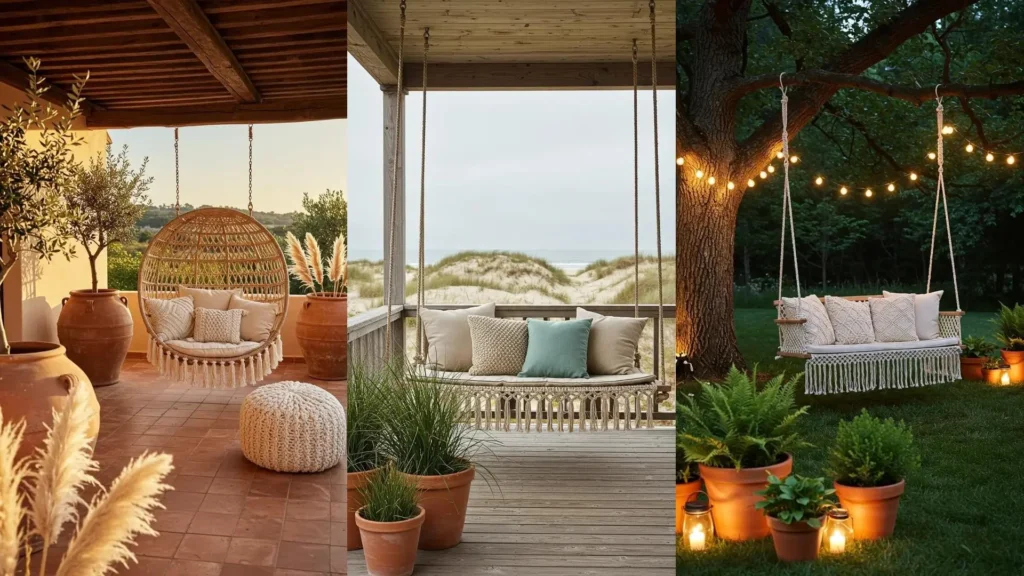 Boho outdoor spaces featuring fringe swing sofas & chairs with macrame pillows, surrounded by terracotta garden pots.