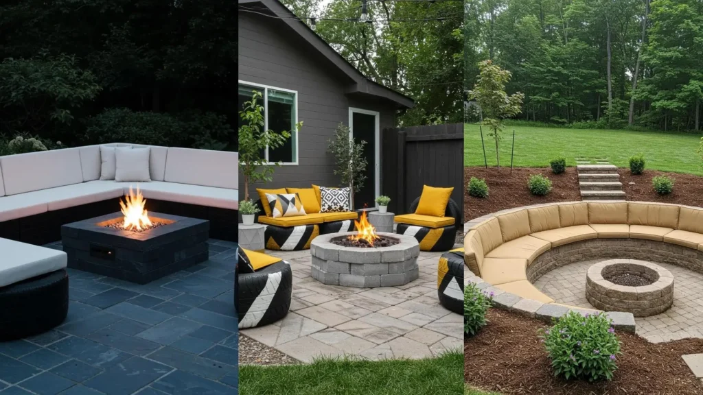 Outdoor scene featuring a DIY brick paver fire pit ring surrounded by creative upcycled tire seating.