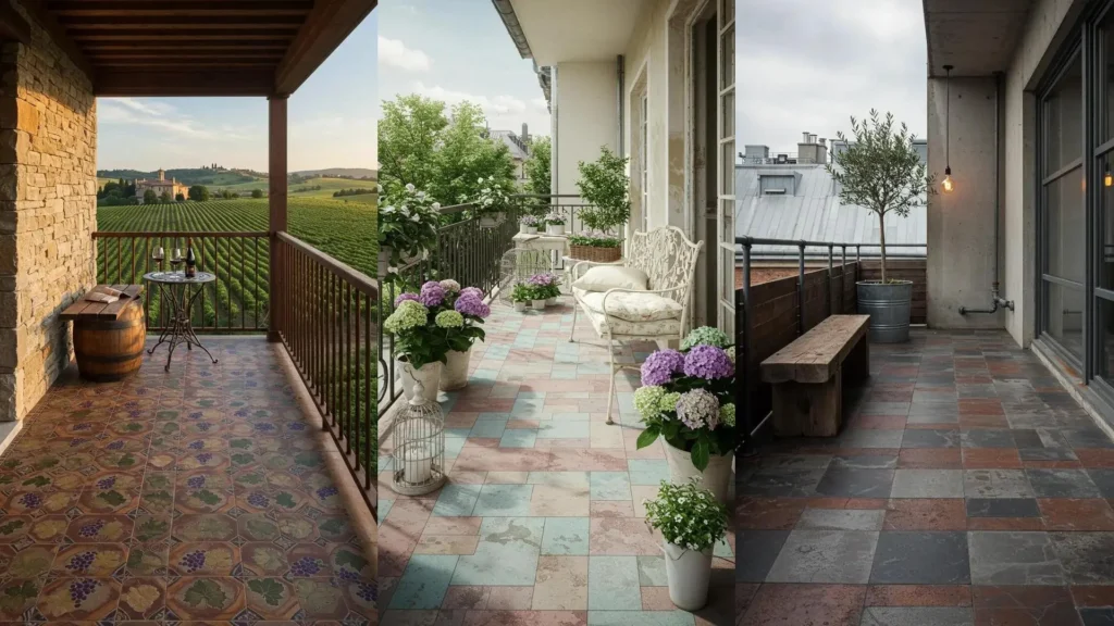 Colorful tile mosaic balconies with geometric floor patterns and low wooden benches, inspiring decor.