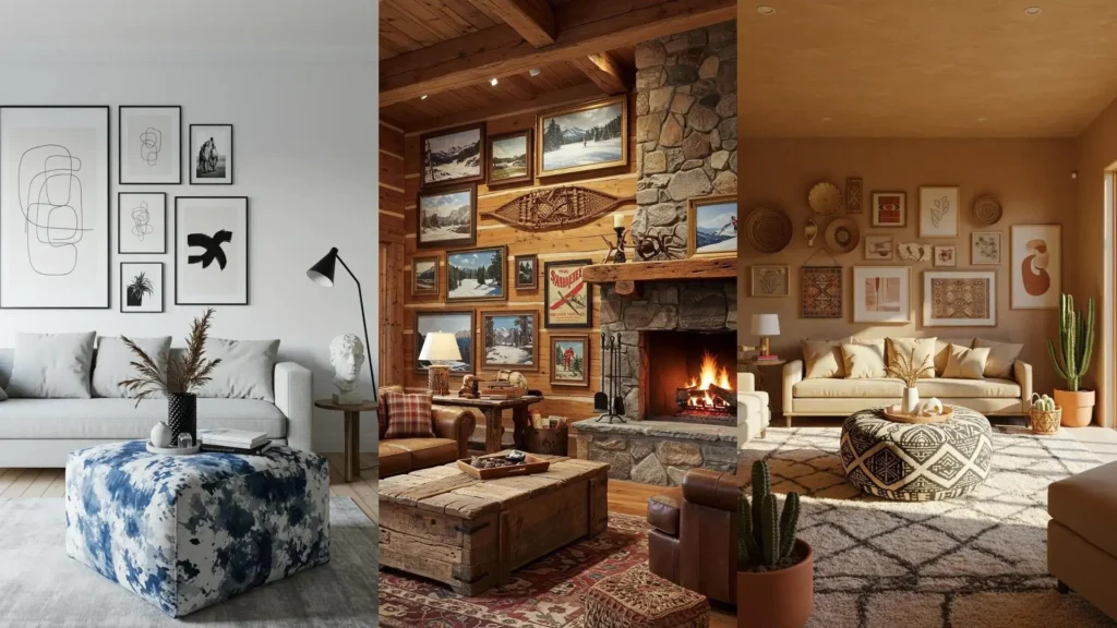 Three eclectic living room lounges with mix-and-match art gallery walls and patterned ottomans.