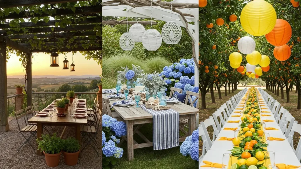 Three unique garden party table settings with various hanging lanterns and lush greenery.