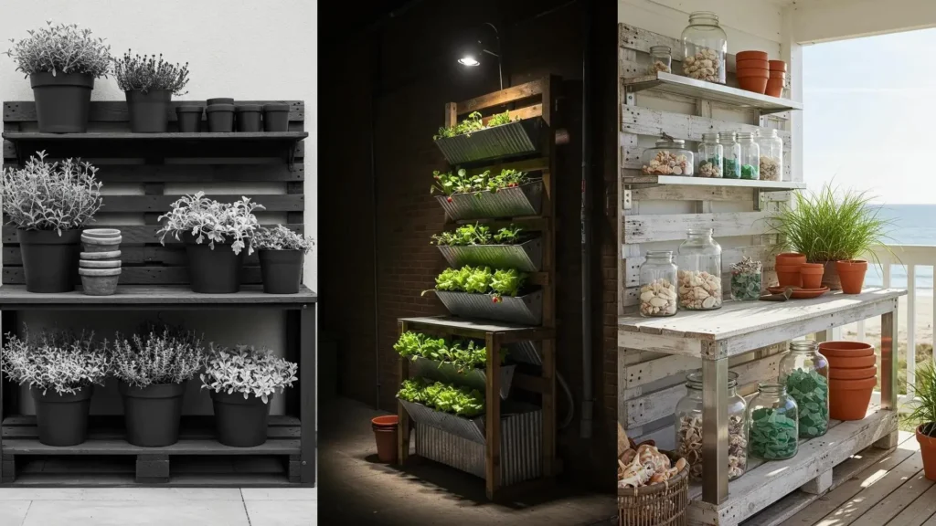 Outdoor industrial-style pallet wood potting bench with tiered metal shelf accents for plants.