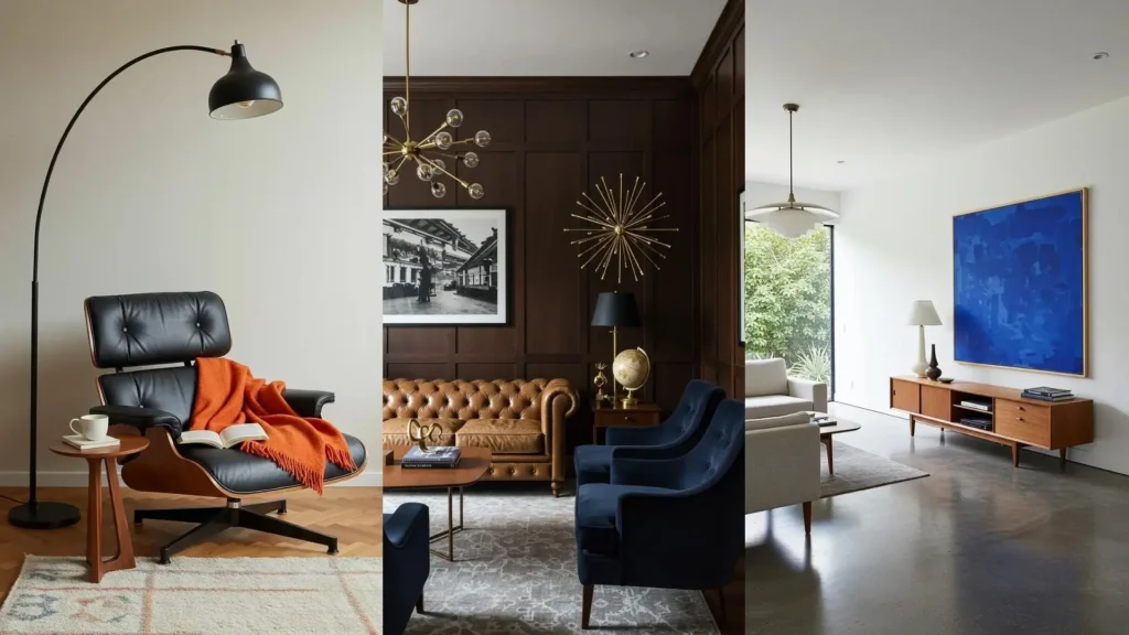 Various mid-century modern interiors featuring walnut furniture, atomic lights, and vibrant retro color pops.