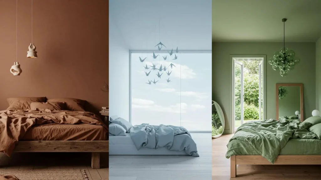 Minimalist romantic bedrooms with monochrome palettes and sculptural lighting in brown, blue, and green hues.
