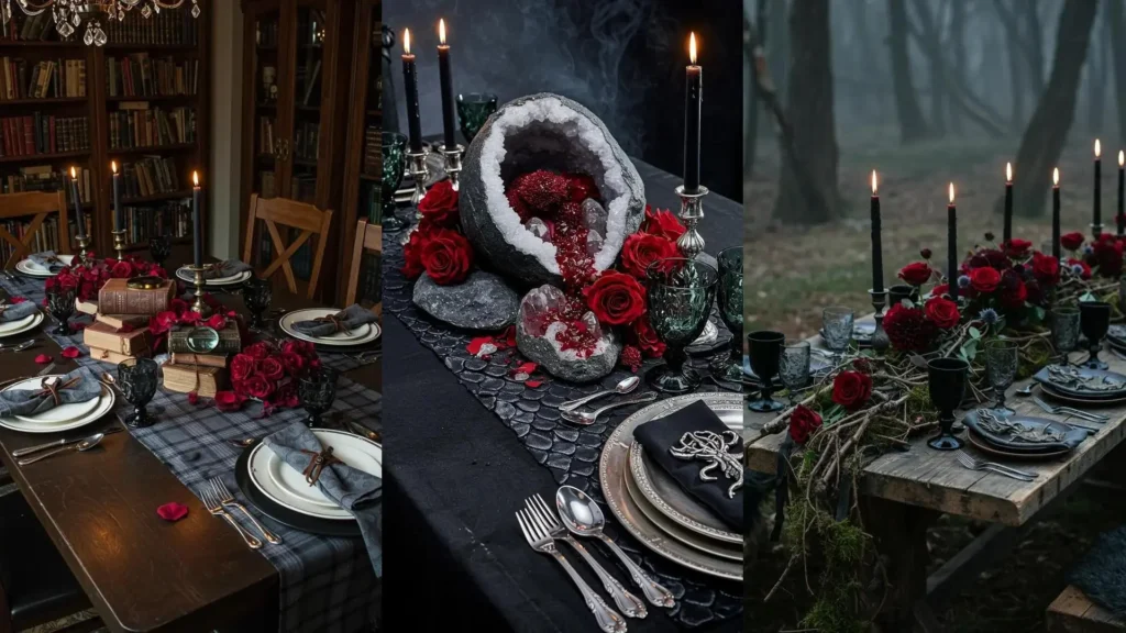 Moody Halloween table decor with blood red roses, black candles, and elegant silver cutlery on a dark setting.