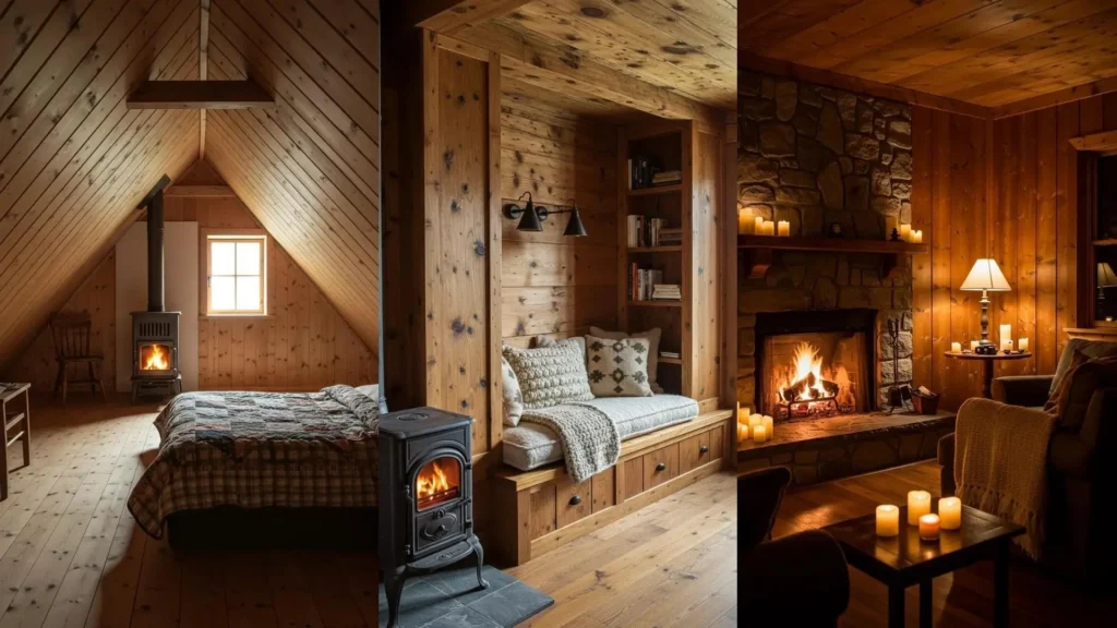 Three cozy Nordic cabin rooms with glowing fireplaces, rustic pine wood, and soft, inviting textiles.