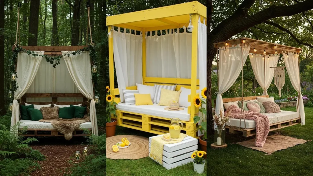 Three pallet wood canopy swing beds with draped sheer curtains in charming outdoor DIY settings.