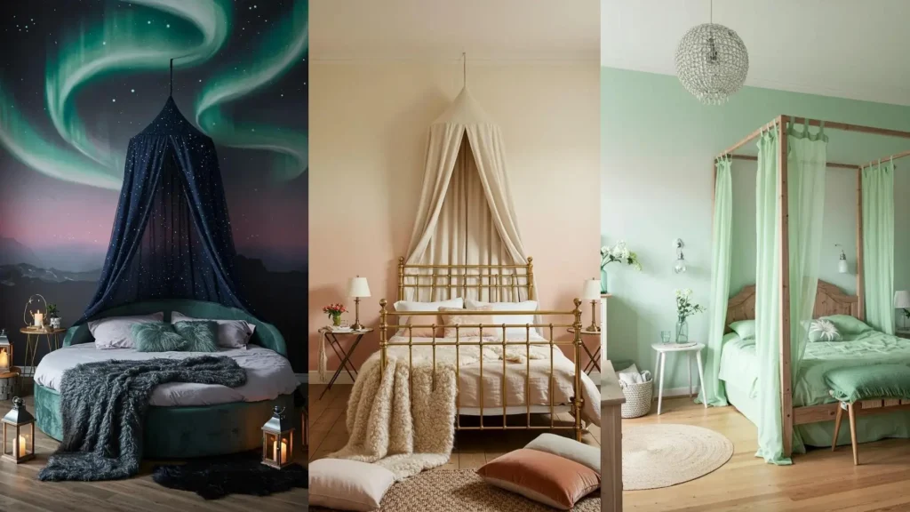 Three whimsical pastel bedrooms with ombre walls and stylish canopies, showcasing diverse decor schemes.