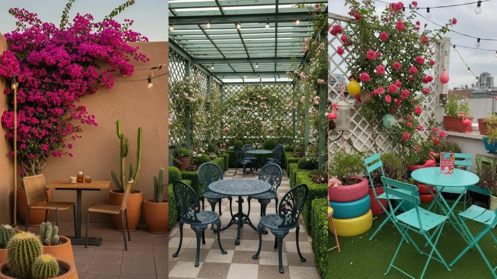 Various rooftop garden dining nooks with bistro tables, climbing plants like bougainvillea & roses, and twinkling Edison lights.