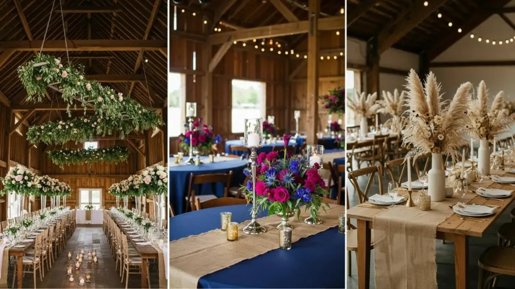 Elegant rustic barn wedding tablescapes featuring various floral designs and burlap runners.