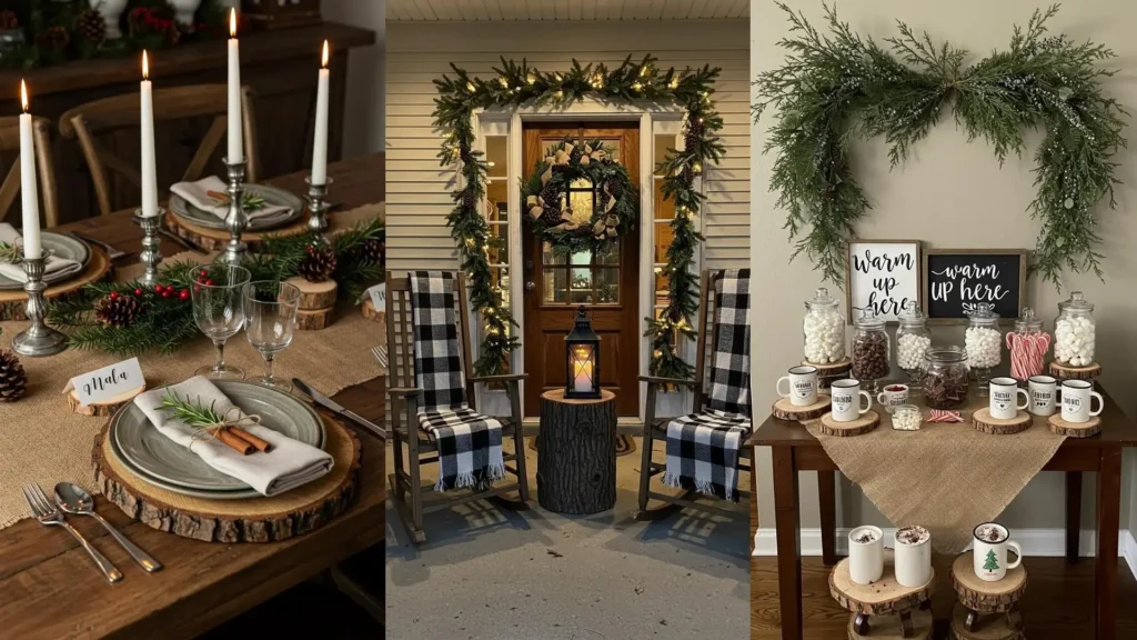 Rustic holiday party decor featuring a festive table with burlap runner, wood slices, and evergreen sprigs.