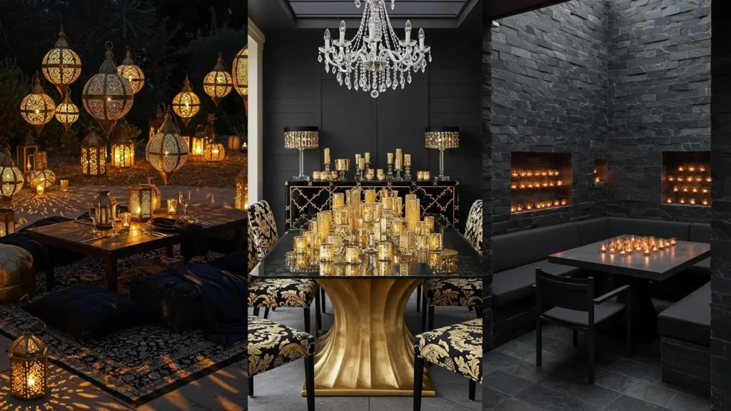 Sleek black and gold terrace dining ideas featuring beautiful candle votives, lanterns, and elegant decor.