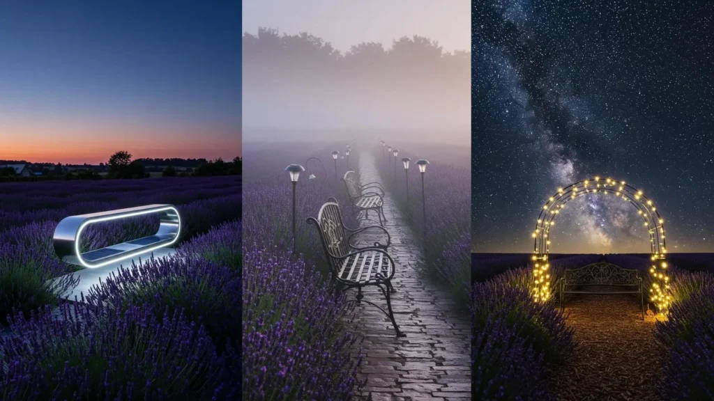 Garden decor: Solar lamps and curved metal benches glow in picturesque lavender fields at night.