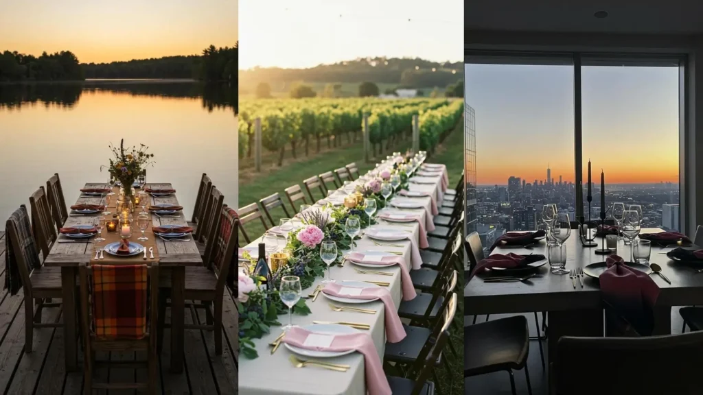 Three diverse sunset-themed tablescapes with warm hues, elegant place settings, and inviting glow, highlighting gradient napkins.