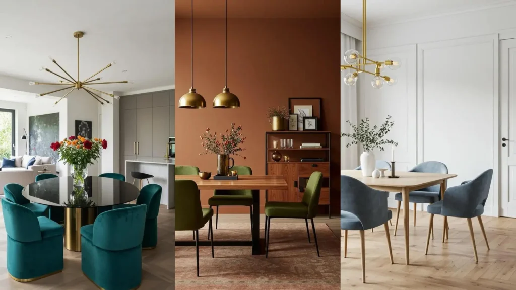 Stylish transitional dining rooms with velvet upholstered chairs and brass light fixtures.