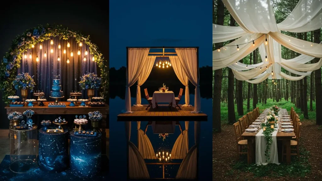 Under the stars nighttime birthday decor with glowing Edison bulbs and elegant sheer drapes creating a magical ambiance.