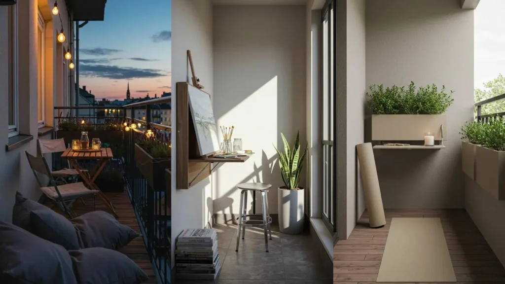 Minimalist urban balconies featuring fold-down tables, slimline planter boxes, and neutral textiles like cushions.