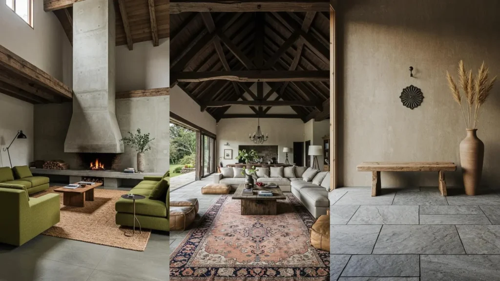 Wabi-sabi style interior spaces showcasing rough textures, natural wood beams, and calming earth tones.