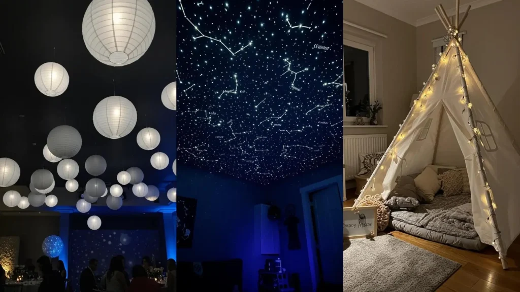 Inspiring DIY birthday party decor ideas with LED string lights: glowing lanterns, a starry ceiling, and a cozy tent.