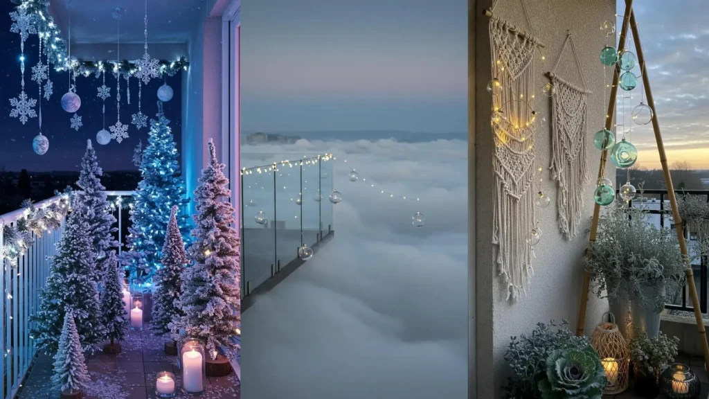Three whimsical balcony displays with enchanting fairy lights, elegant hanging baubles, and frosty winter touches.