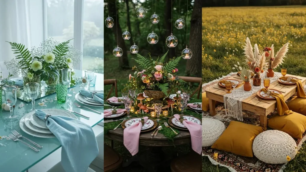 Whimsical spring tablescape with soft greenery, floral plates, and artfully folded napkins.