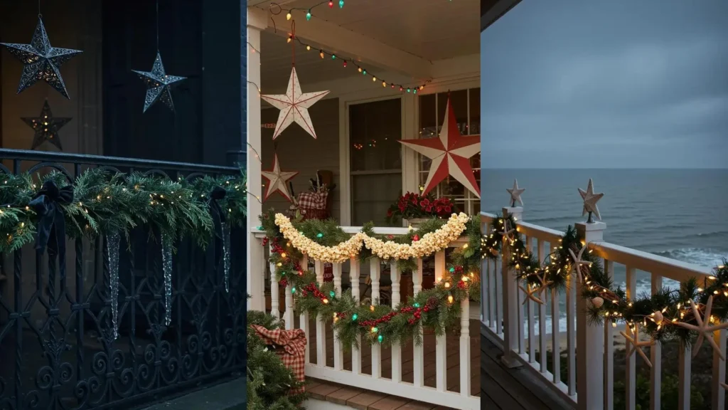 Festive winter balcony railings adorned with green garland, sparkling icicle lights, and star accents.