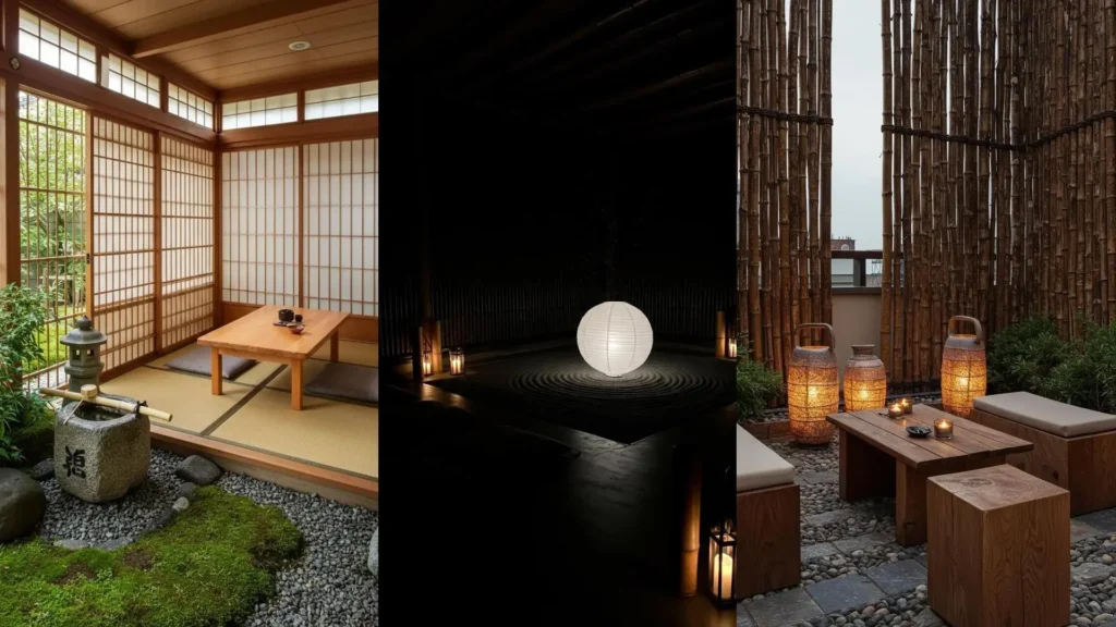 Three serene zen garden terrace designs, showcasing bamboo screens, elegant paper lanterns, and peaceful seating areas.