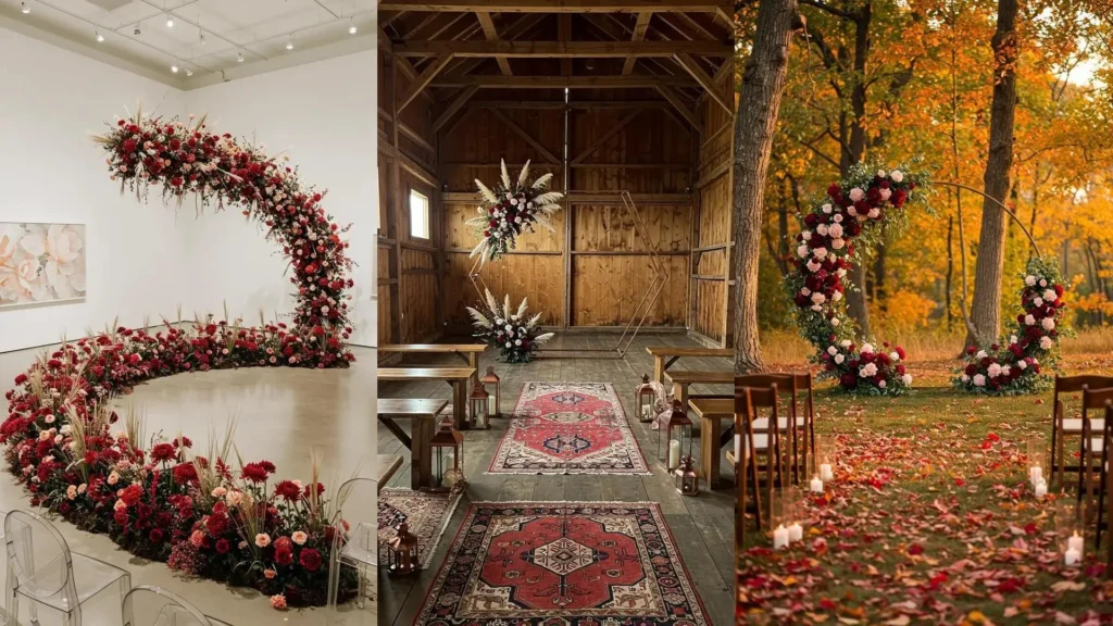 Stunning blush & burgundy floral wedding arches for autumn, including modern, rustic barn, and outdoor fall forest designs.