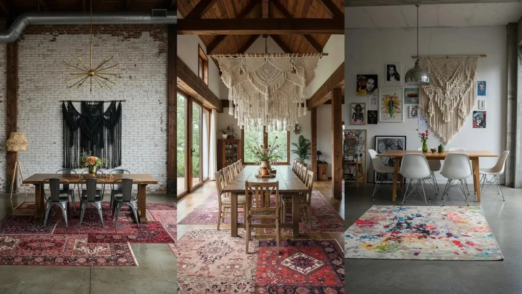 Boho-chic dining rooms feature diverse macrame decor like wall hangings and chandeliers over mixed pattern rugs.