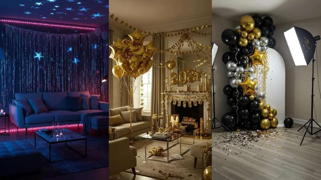 NYE living room decor: chic starry mood lighting, metallic streamers, and festive gold & black balloons.