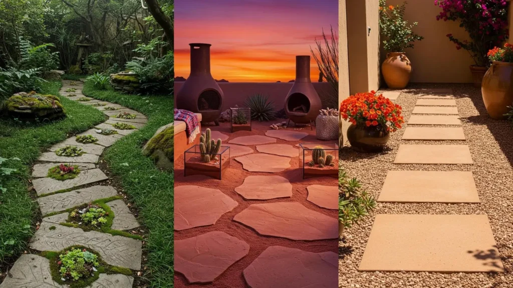 Winding concrete stepping stone path in a lush garden with embedded succulents and moss creating mini terrariums.